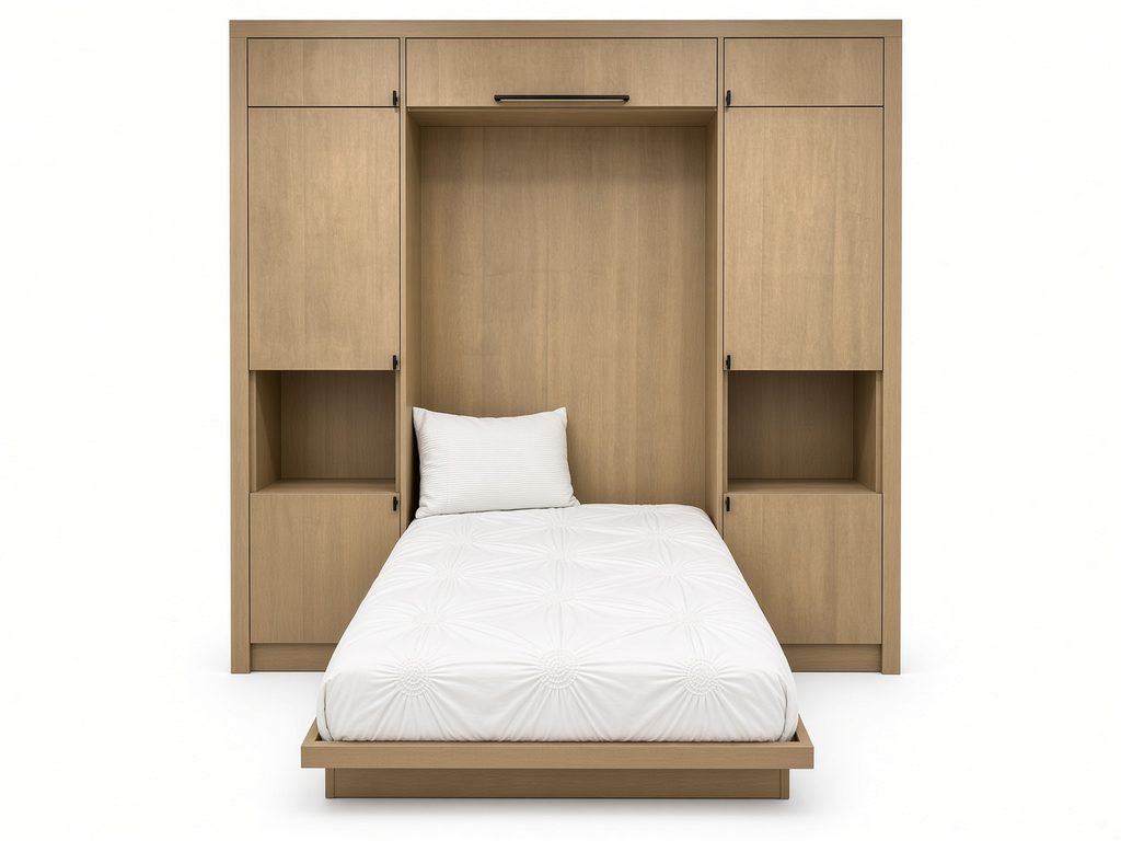 Wall bed cabinet in light oak-look finish, bed folded down, between storage towers with open cubbies