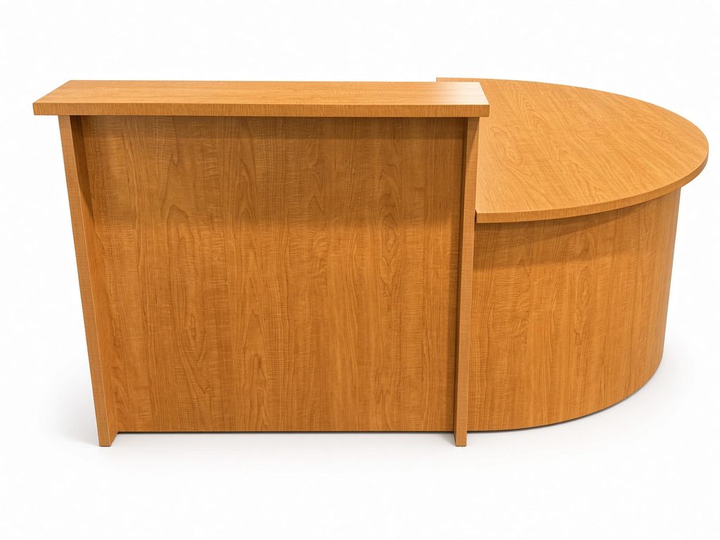 Cherry-finish reception desk with raised transaction counter and curved D-shaped return, front view