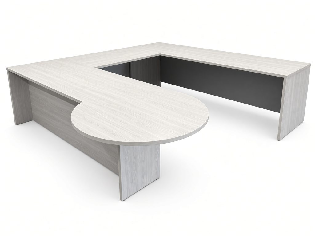 U-shaped desk with rounded peninsula end in light gray wood-look finish and dark gray modesty panel