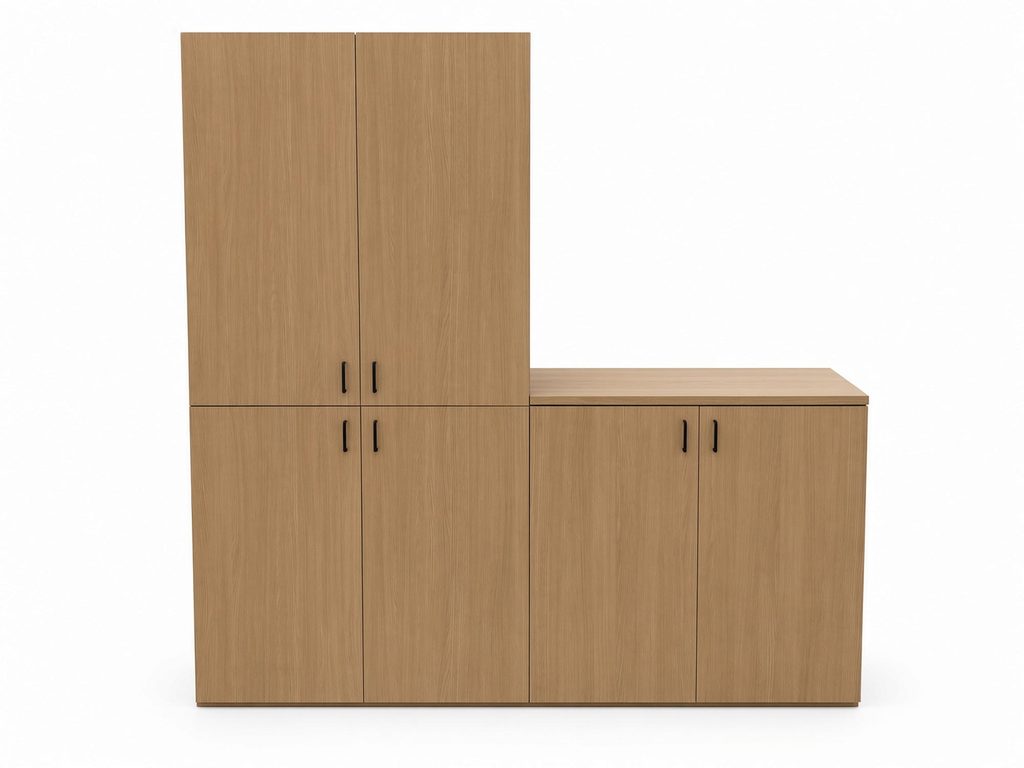 Medium oak-look storage cabinets: tall four-door cabinet beside a low two-door credenza, with black bar pulls
