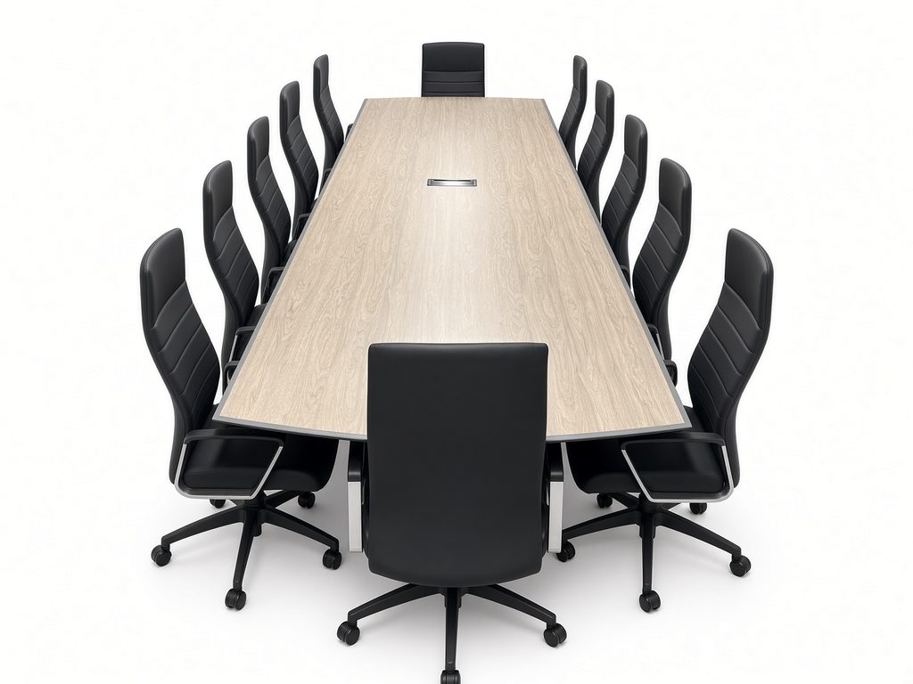 Boat-shaped conference table with light oak-look top, gray edge and center power grommet, surrounded by black chairs