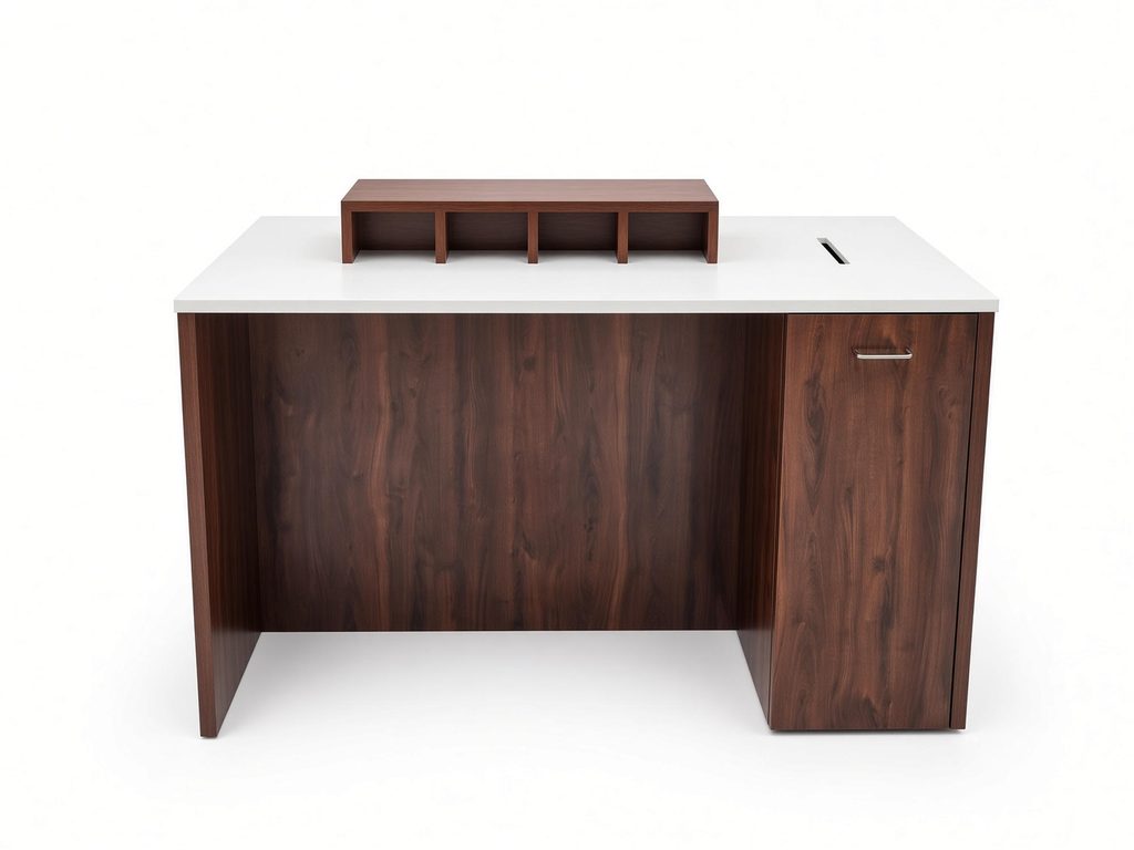 Front view of walnut-finish reception desk with white top, four-slot mail organizer, and file pedestal