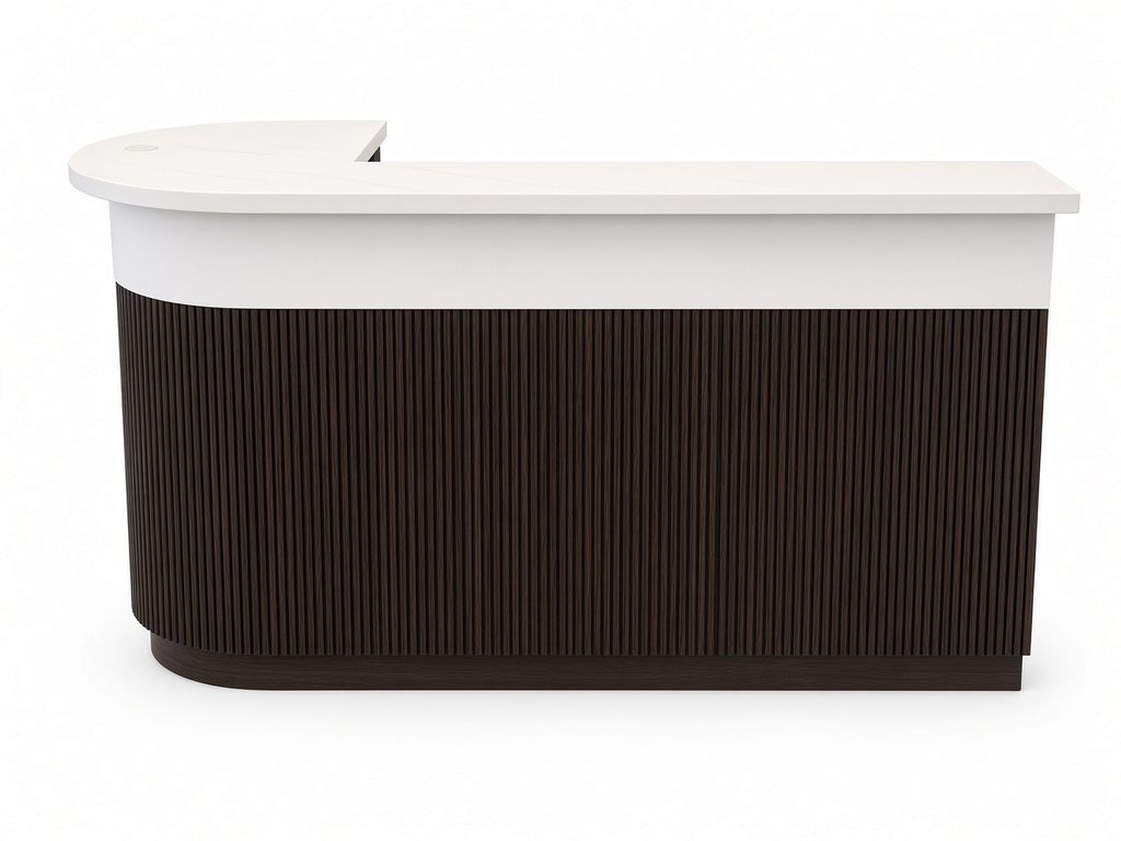 Front view of L-shaped reception desk with dark fluted wood-look base, white band, and white radius-end top