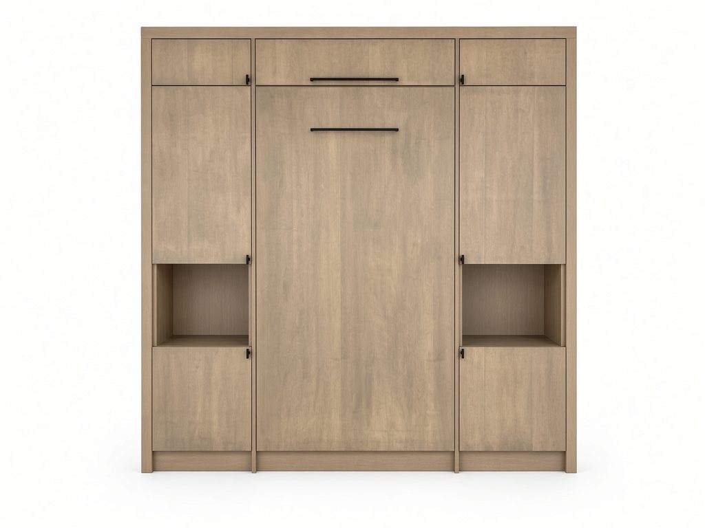 Wall bed cabinet in weathered oak-look finish, bed folded up, between storage towers with open cubbies