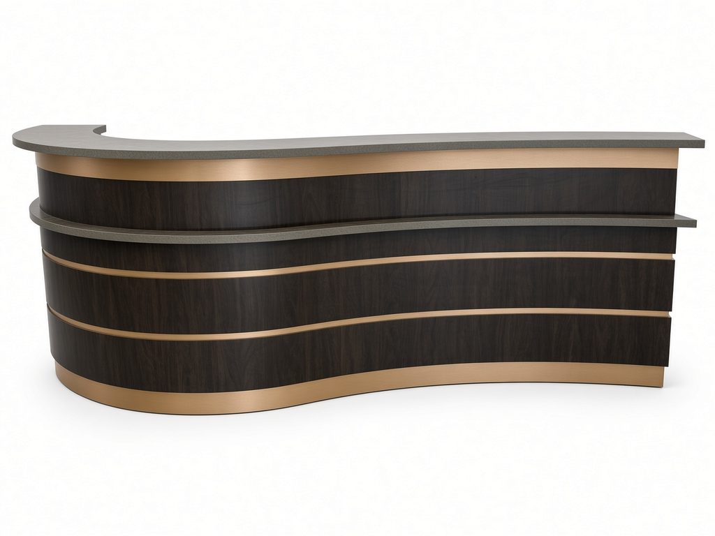 Serpentine reception desk in dark walnut-finish with brushed bronze reveal bands and gray stone-look transaction ledge