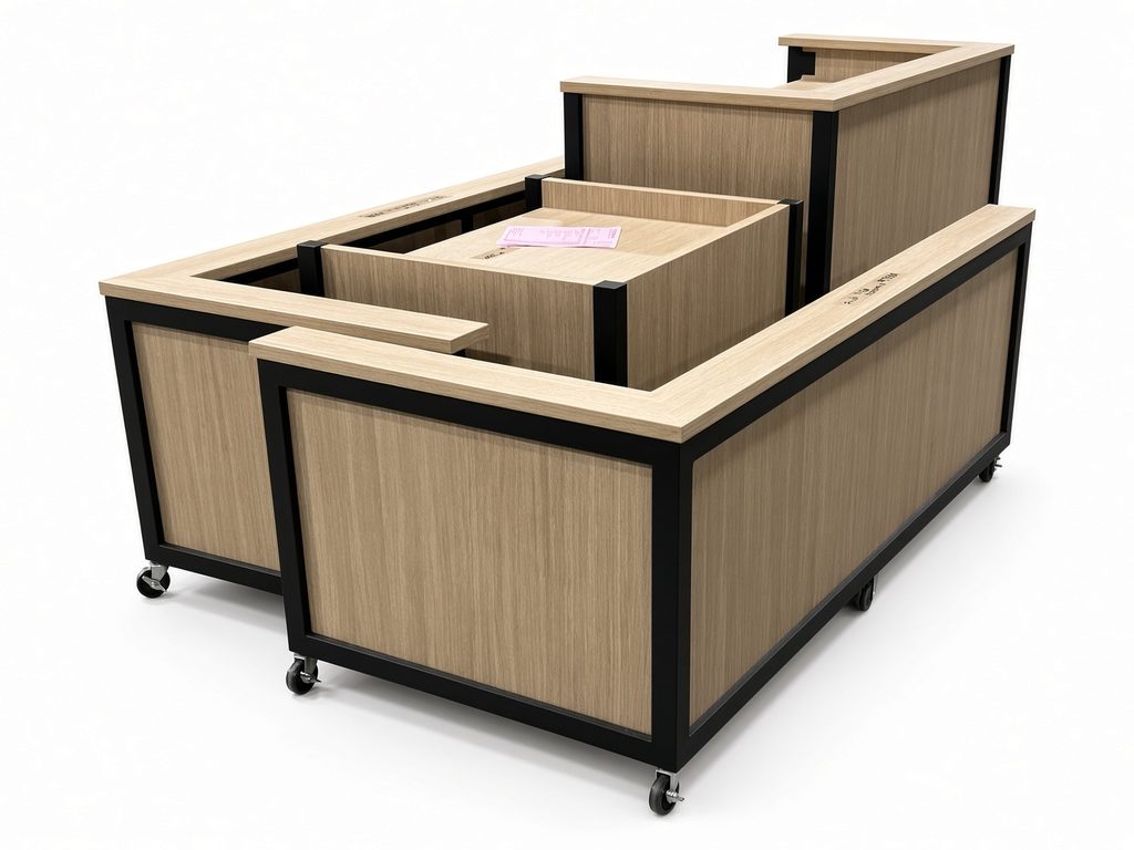 Mobile reception desk with light oak-look panels, black metal frame, stepped transaction counter and locking casters