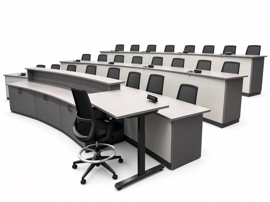 Tiered training room with curved instructor station, sit-stand desk and rows of gray and white tables with chairs