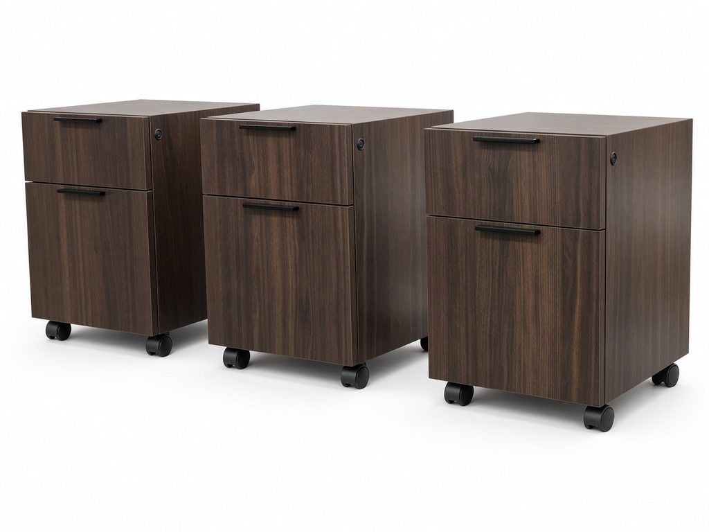 Three mobile box-file pedestals in dark walnut-look finish with black bar pulls, locks, and casters