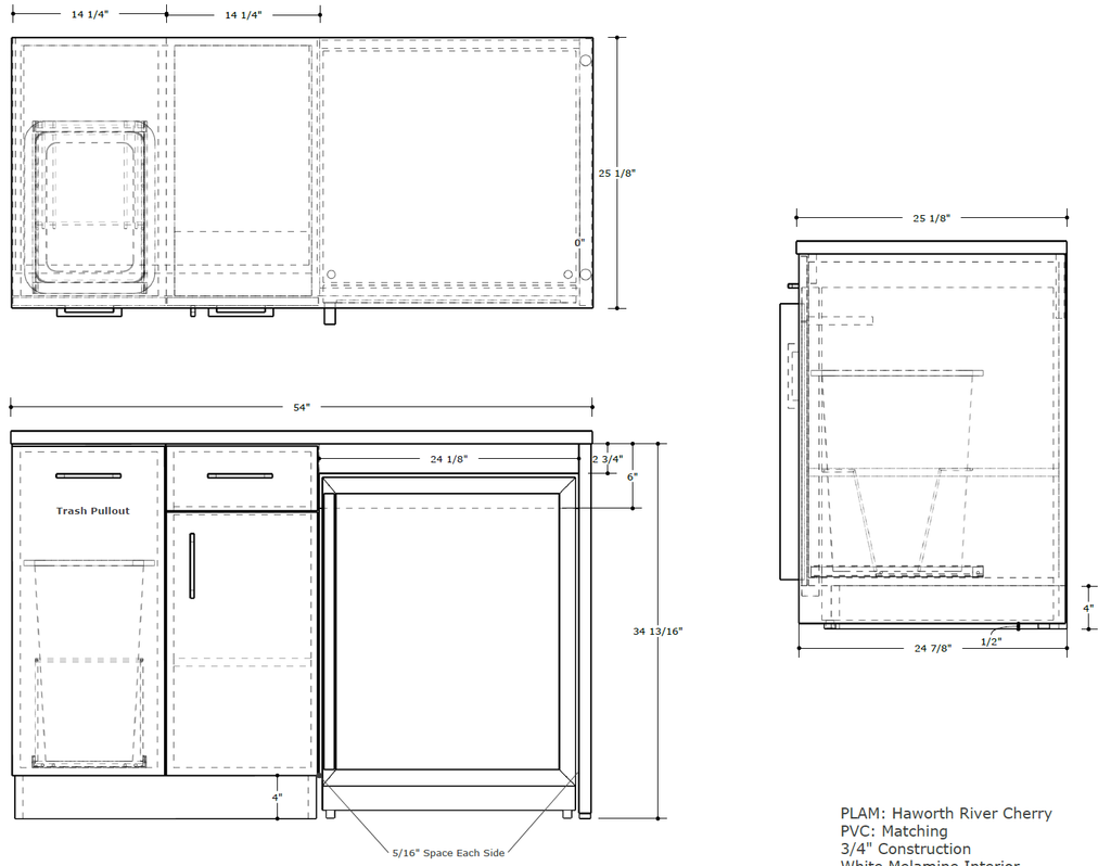 Shop drawing of a 54-inch base cabinet with trash pullout, door and appliance opening in plan, front and side views