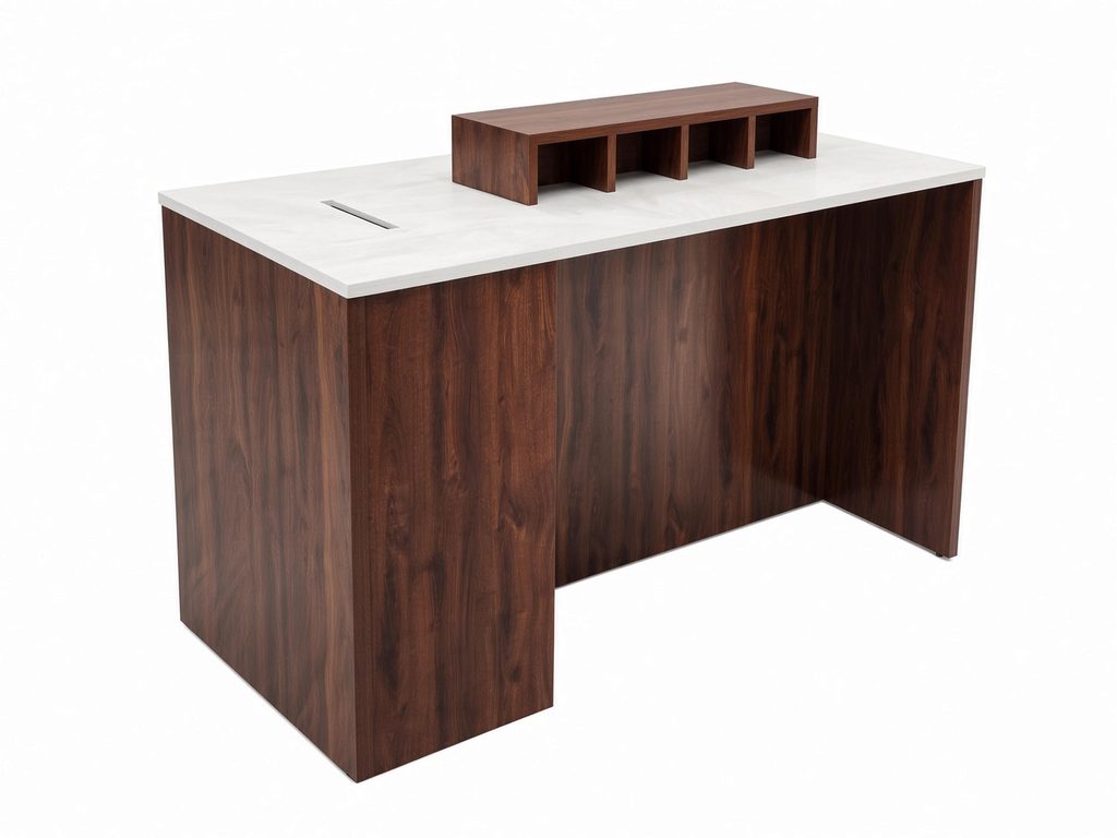 Angled view of walnut-finish desk with white marble-look top, cable slot, and four-cubby top organizer