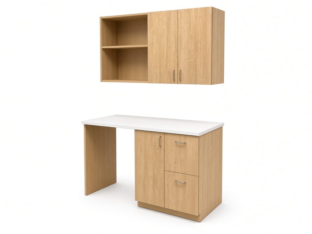 Maple-look desk with white top and door-and-drawer pedestal, plus matching wall cabinet with open shelves