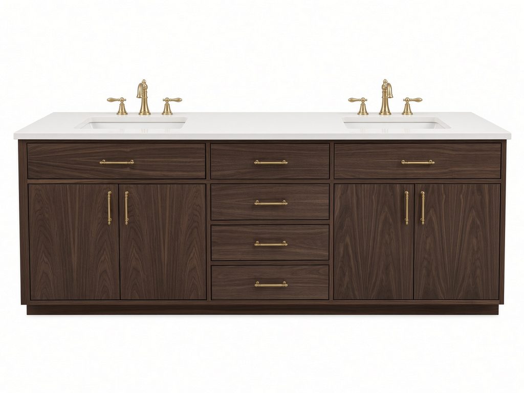Walnut-finish double vanity with white top, undermount sinks, drawer bank, and brass pulls and faucets