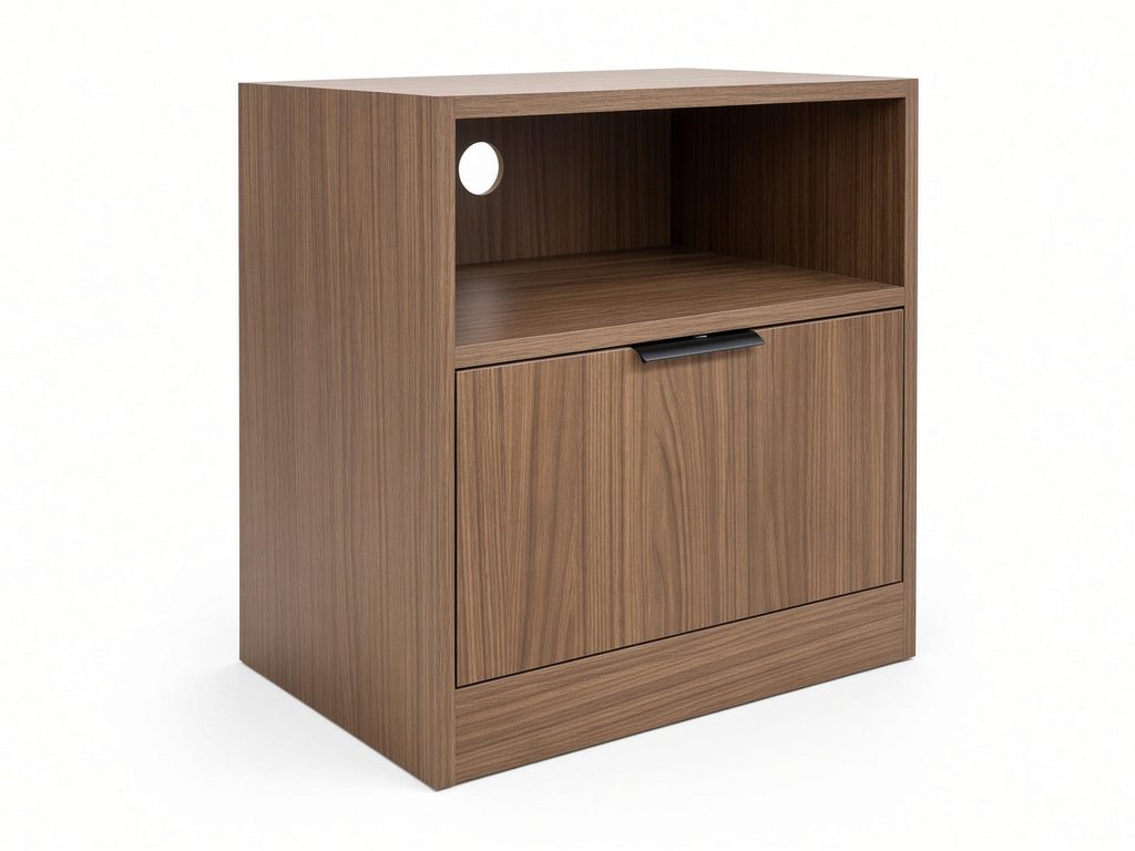 Low walnut-finish file cabinet with open top shelf, cord grommet, and black tab pull on the file drawer