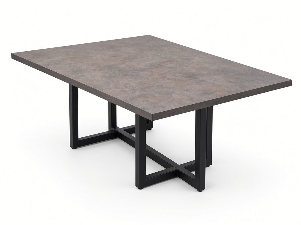 Rectangular table with gray concrete-look top and black steel base of crossed rectangular frame legs