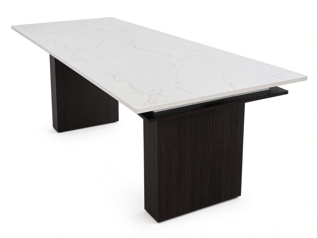 Rectangular conference table with white marble-look top and dark espresso-finish panel legs, three-quarter view