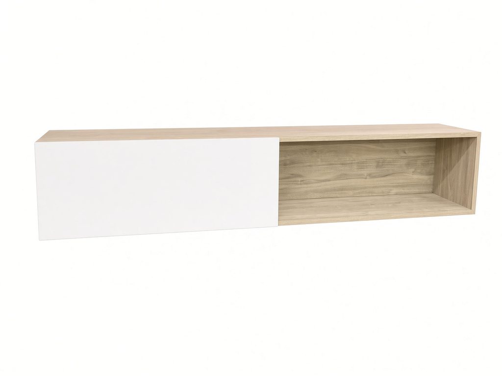Wall-mounted floating cabinet in light oak-look finish with a white flat door panel and open storage cubby