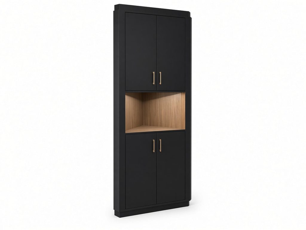 Tall narrow black cabinet with brass-tone pulls and an open wood-grain display niche between upper and lower doors