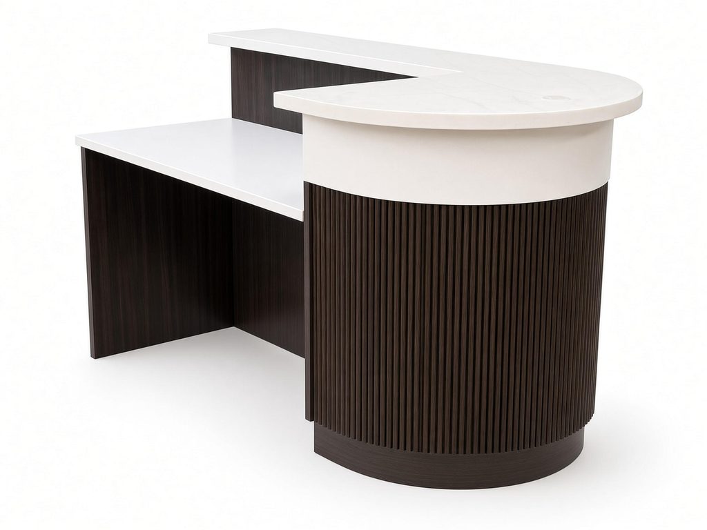 Back view of reception desk showing lower white work surface and curved, fluted dark wood-look end