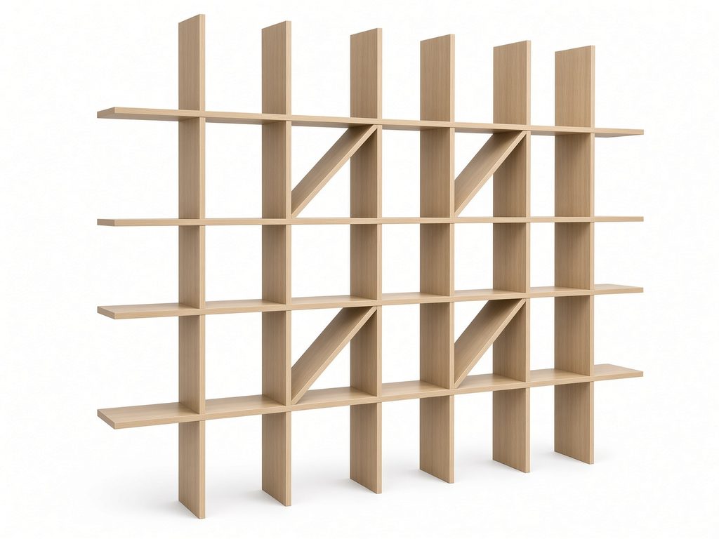 Open grid shelving unit in light oak-look finish with diagonal dividers