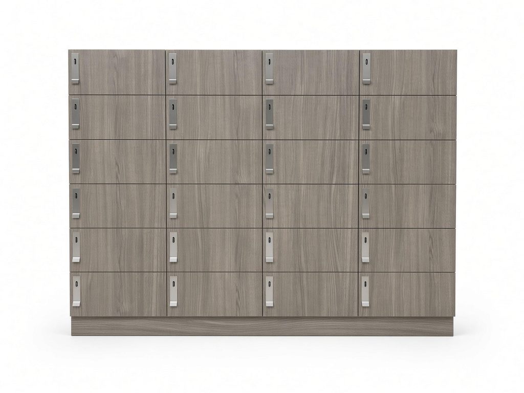 Bank of 24 gray wood-grain lockers with brushed metal locking pulls on a matching toe-kick base