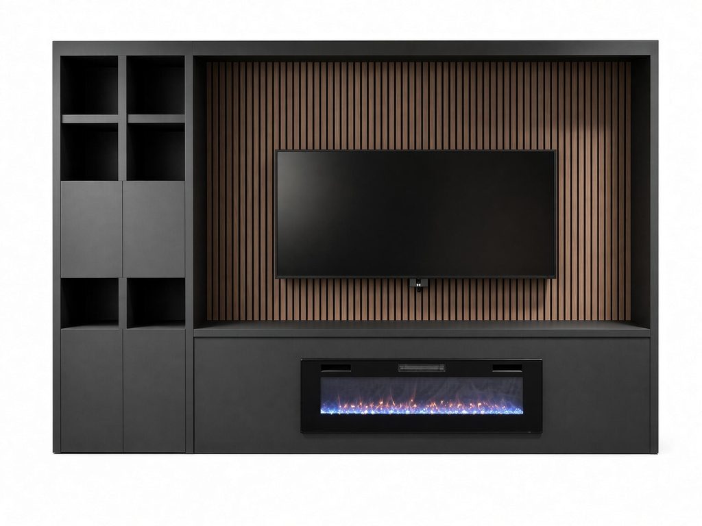 Black media wall with walnut-finish vertical slat panel, wall-mounted TV, built-in electric fireplace and open cubbies