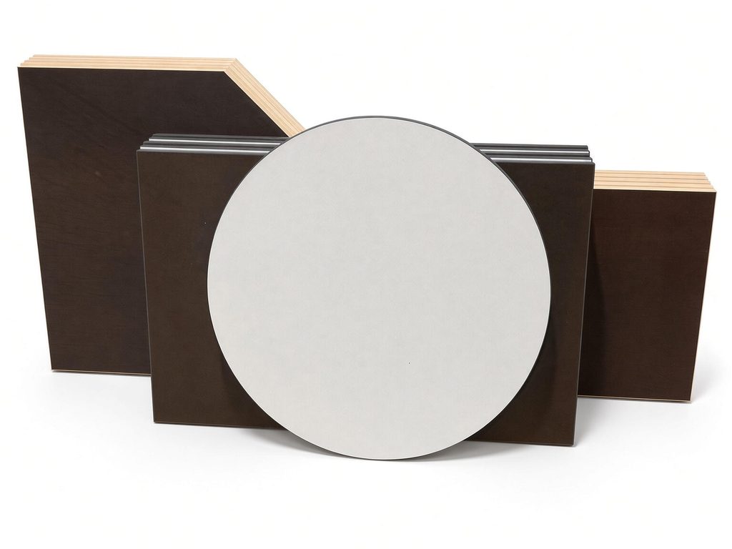 Assorted worksurface tops in dark wood-look and light gray finishes, including a round top, with visible edge banding