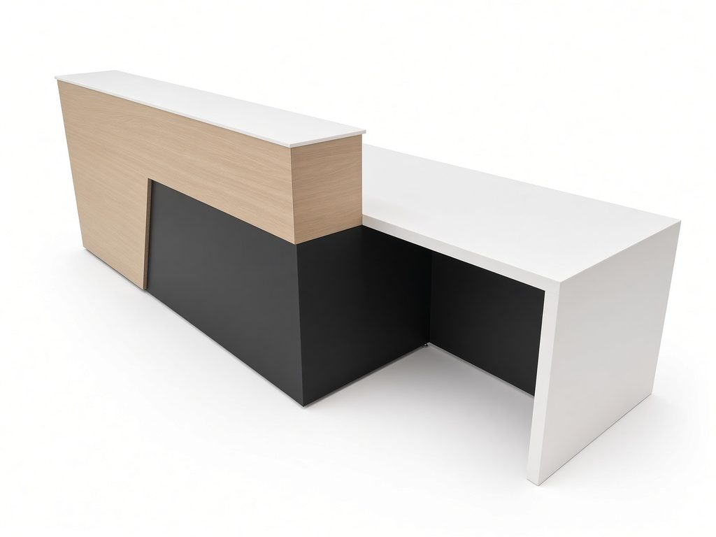 Two-level reception desk with white top and end panel, light oak-look front and black lower panel