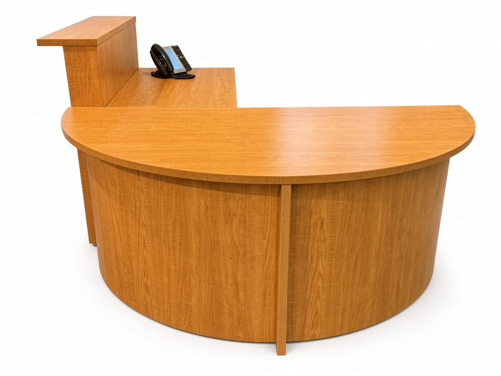 Curved cherry-finish reception desk with half-round counter, raised ledge and desk phone, viewed from the rear