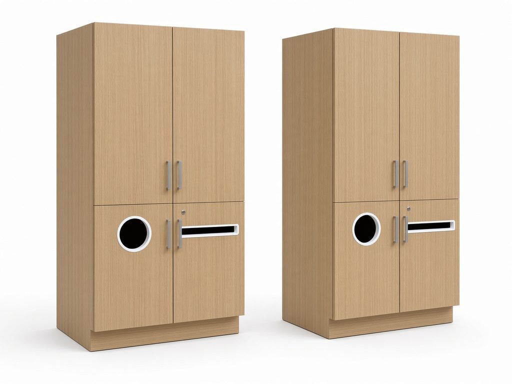 Two tall light oak-look storage cabinets with four doors, a round waste opening, and a horizontal drop slot