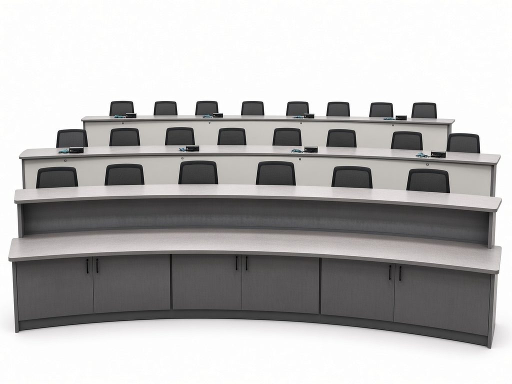 Curved tiered training-room desks in two-tone gray with front storage cabinets and black task chairs