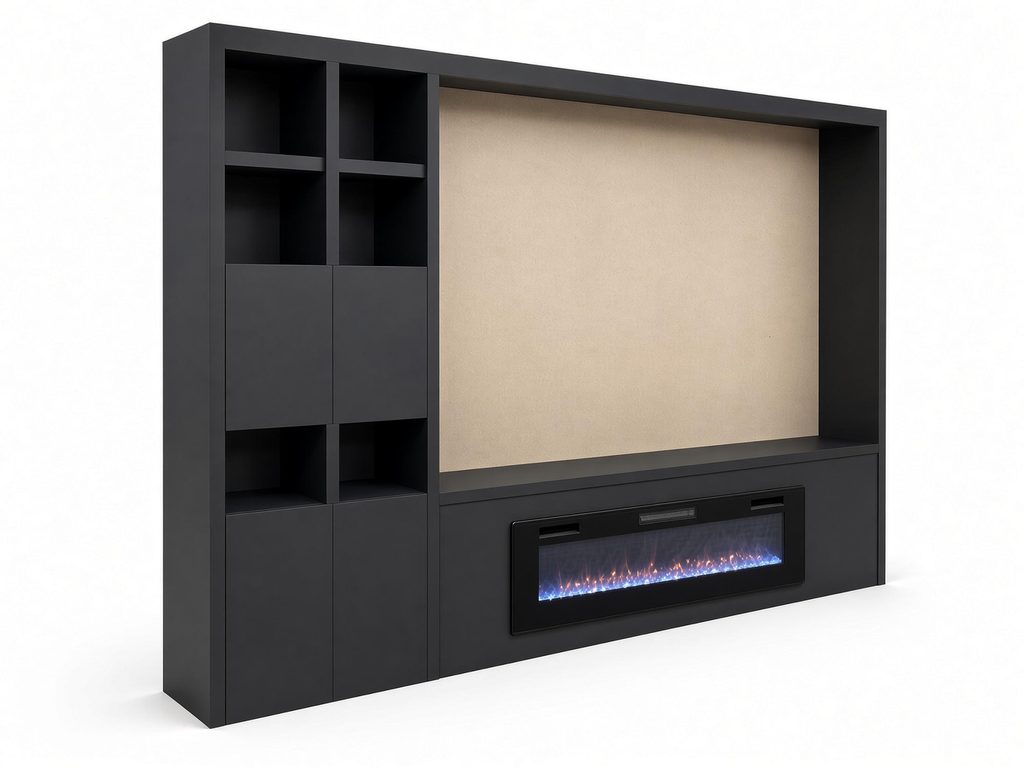 Charcoal media wall with open cubbies, storage doors, tan fabric-look center panel, and built-in electric fireplace